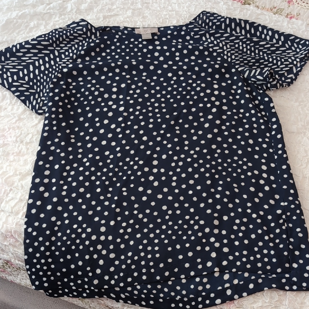 LOFT Navy and White Polka Dot Blouse